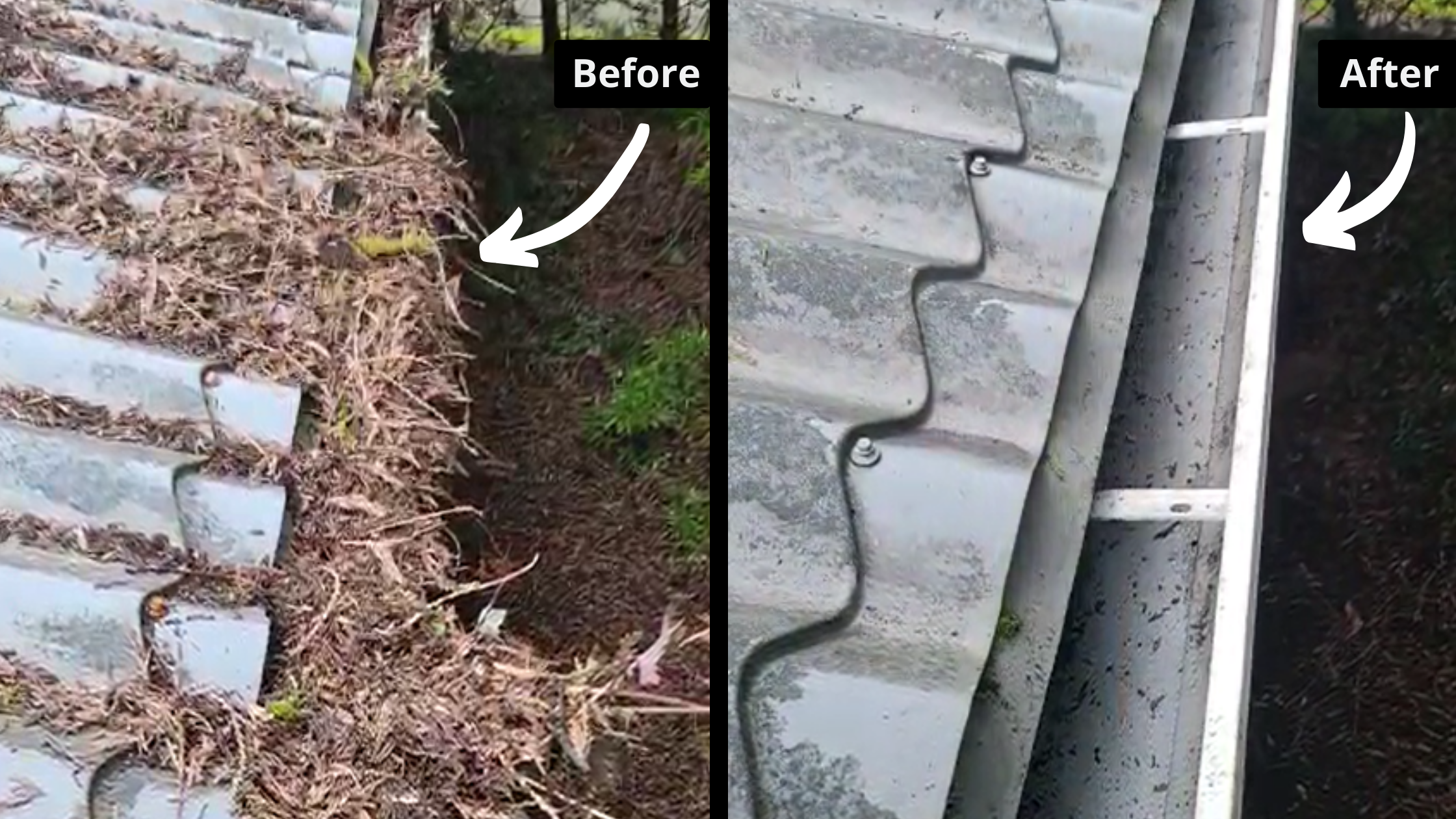 Before and after gutter cleaning by AdelCo Home Services