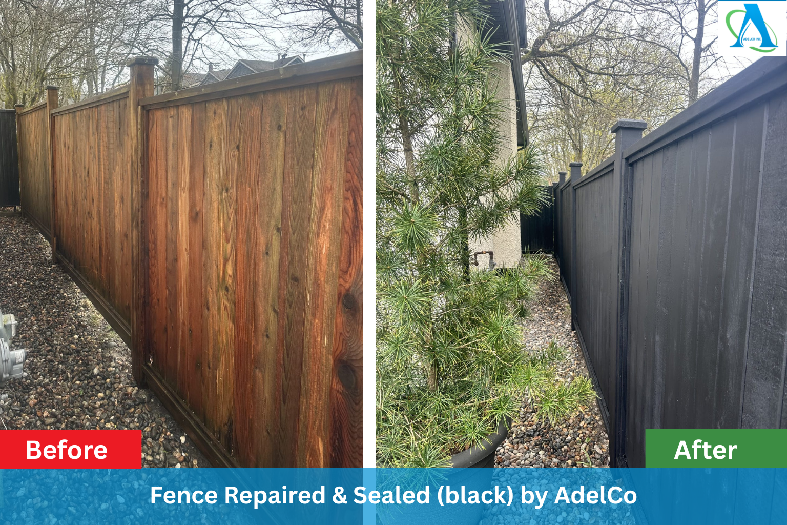 Before and after fence repair sealed black by AdelCo in Vancouver