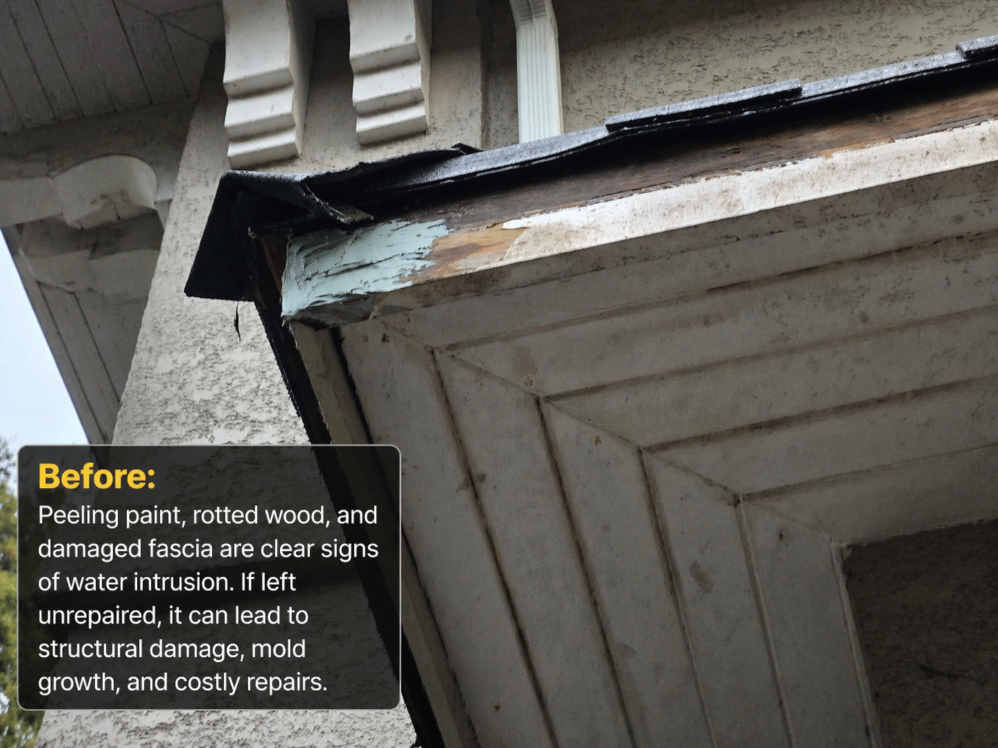 Damaged eave with peeling paint and rot(Before Fascia Repair by AdelCo)