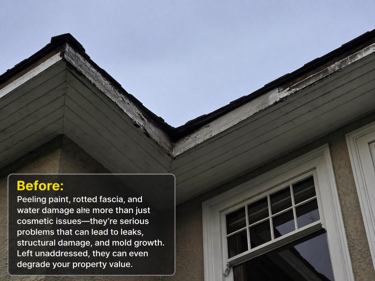 Home exterior with visible damage and decay(Before Fascia Repair by AdelCo)