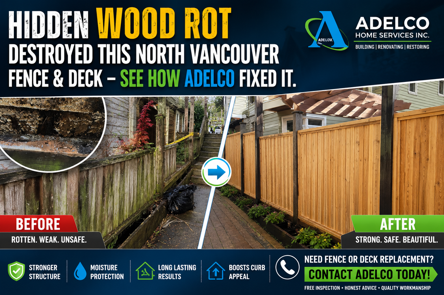 Hidden wood rot destroyed North Vancouver fence and deck